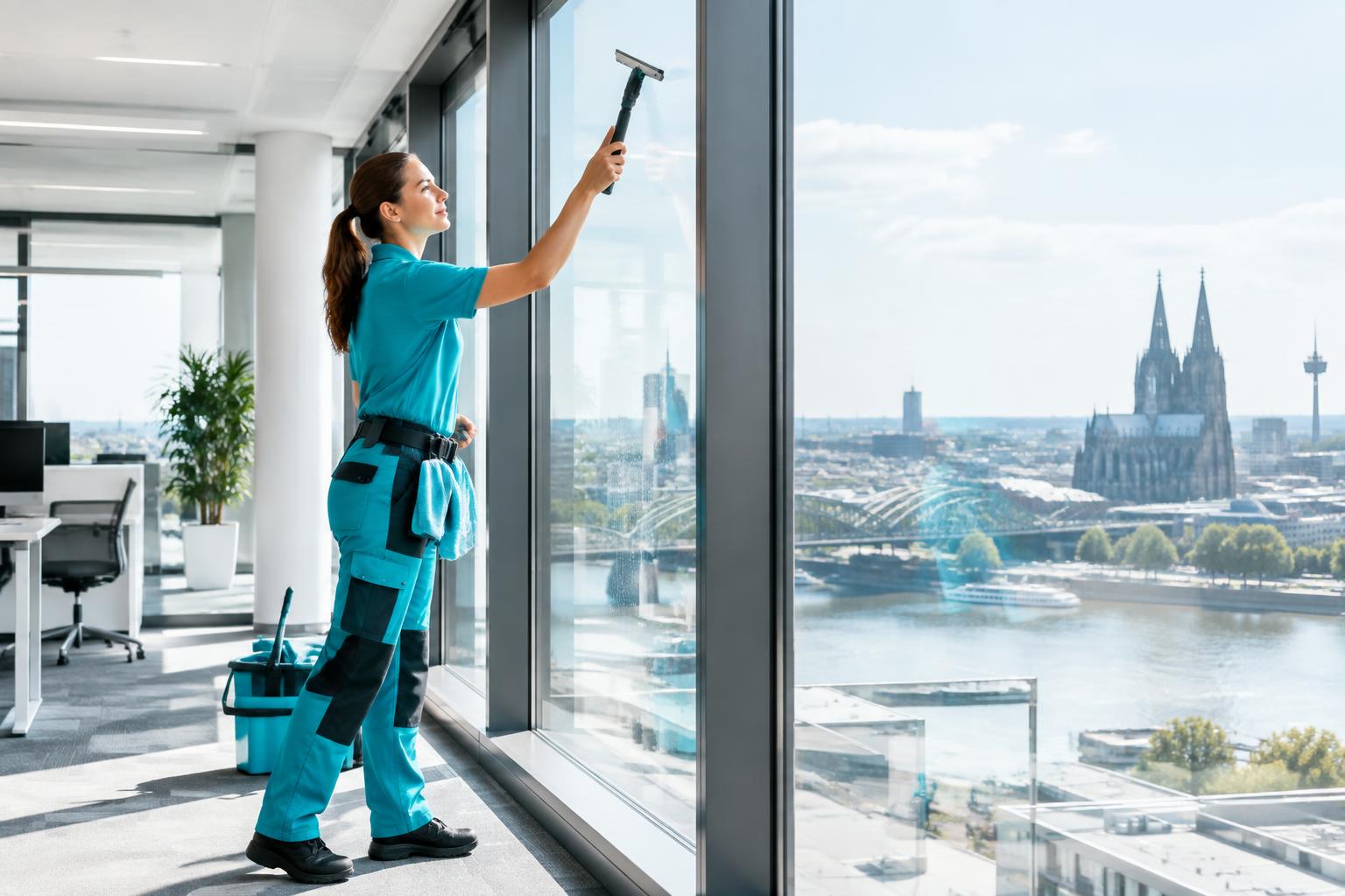 Professionelle Fensterreinigung mit Blick über Köln